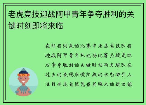 老虎竞技迎战阿甲青年争夺胜利的关键时刻即将来临